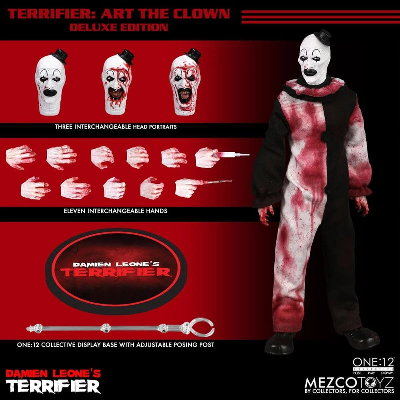 Terrifier Art the Clown Deluxe One:12 Collective Action Figure - Mezco Toyz, ad overlay showing face and hand accessories