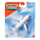 Matchbox Sky Busters Airbus A320 toy model in its original blister card packaging, featuring a white plastic toy airplane on a blue and orange printed backing card.