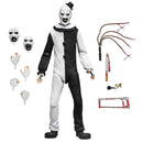 Terrifier Art the Clown 1/4 Scale NECA Action Figure standing next to accessories on white background