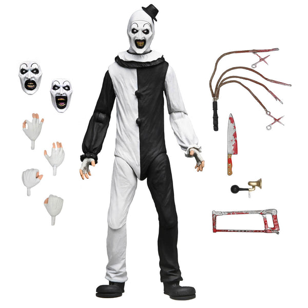 Terrifier Art the Clown 1/4 Scale NECA Action Figure standing next to accessories on white background