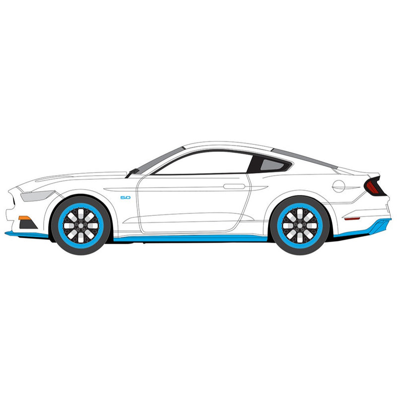 Petty's Garage 2016 Ford Mustang GT King Premier Edition: White Body w/Petty Blue Ground Effects &amp; Twin Upper Center Stripes. Includes Petty Garage logos.