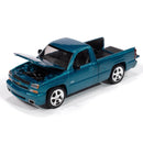 Auto World 2025 Premium R1A, 2005 Chevy Silverado SS Custom (Single Cab, Teal Turquoise Metallic), hood open