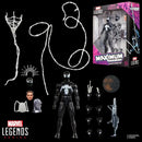 Marvel Legends Series Maximum Spider-Man 2 action figure set displayed on a black background, including the boxed figure, multiple interchangeable heads, hands, accessories, and a weapon piece.