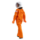 Barbie doll wearing an orange astronaut suit with a helmet on a white background