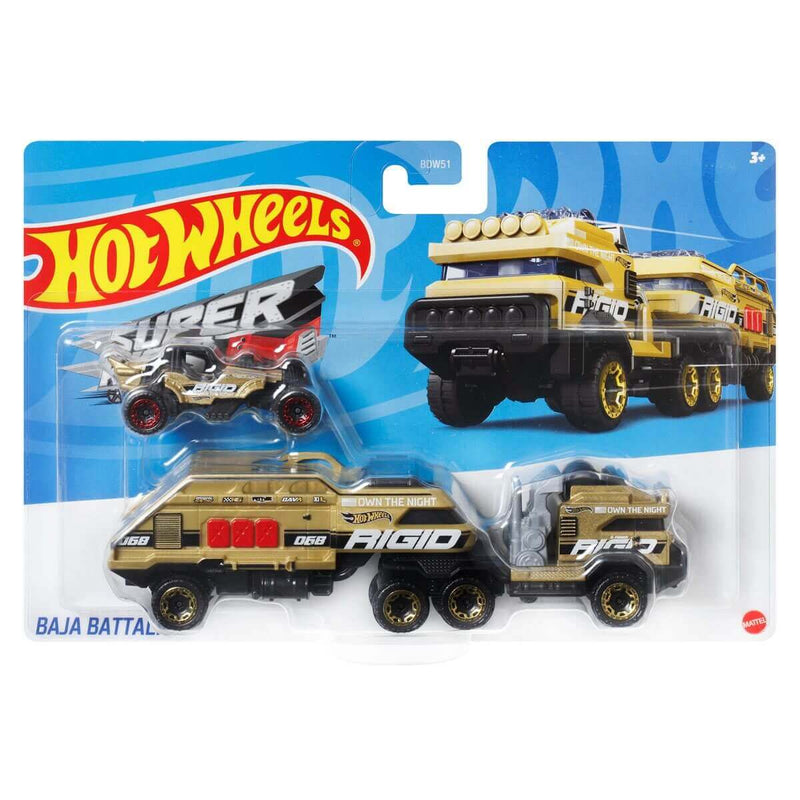 Hot Wheels 2023 Super Rigs (Mix 5) 1:64 Scale Die-cast Hauler and Vehicle Set, Baja Battalion