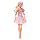 Barbie doll in a pink outfit with a matching hat on a white background
