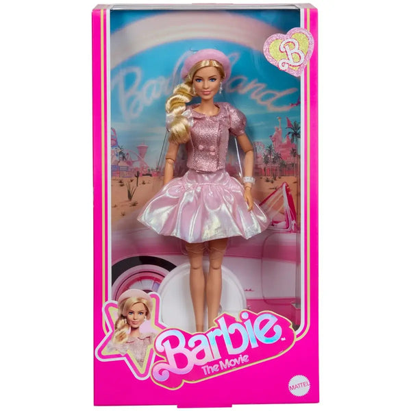 Barbie doll in a pink dress with 'Barbie The Movie' packaging