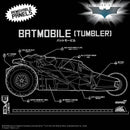 Blueprint-style illustration of the Batmobile Tumbler with text and branding.