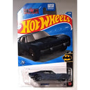 A Hot Wheels Batman Batmobile die-cast toy car in its original blister card packaging, featuring a dark blue car and a blue and red Hot Wheels logo background.