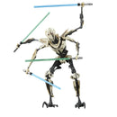 Toy figure of a character with multiple lightsabers on a white background