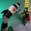 Beetlejuice figure in a red cape facing sandworm in a room.