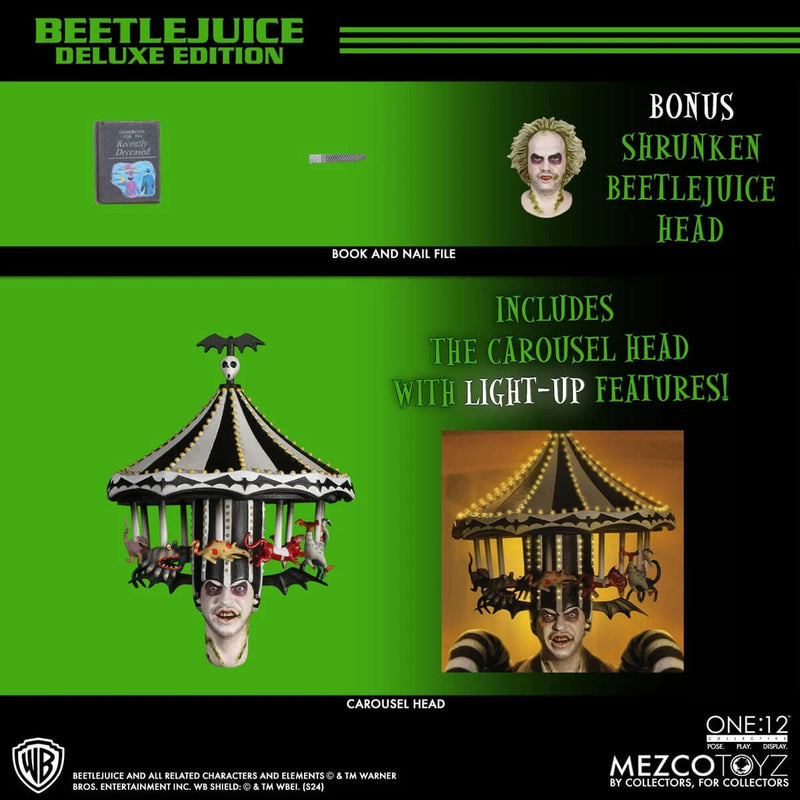 Beetlejuice Deluxe Edition One:12 Collective Mezco Toyz Action Figure  pictured with shrunken head and light carousel that fits on his head