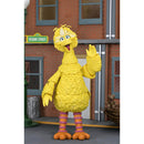 Yellow bird-like character with orange feet and pink legs standing in front of a brick building with Sesame Street sign.