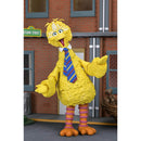 Yellow character with a blue tie standing in front of a brick building with 'Sesame Street' sign.
