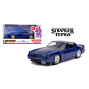 Blue model car with 'Stranger Things' branding and packaging on a white background