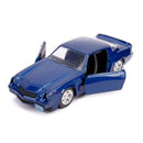 Blue toy car with open doors on a white background