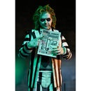 Beetlejuice Beetlejuice Ultimate "Striped Suit" Beetlejuice 7" Scale NECA Action Figure, holding paper that says call now bio exorcist