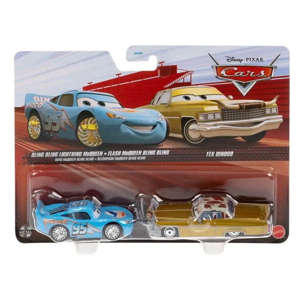 Packaged toy cars from Disney Pixar's 'Cars' series with packaging featuring the characters Lightning McQueen and Tex Dingo.