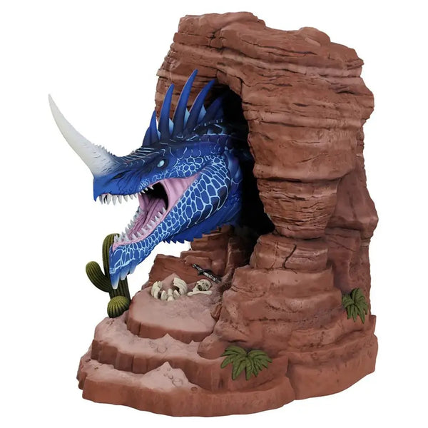Blue dragon emerging from a rocky cave on a white background