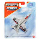 Matchbox Sky Busters A/18 Super Hornet toy jet in its original blister packaging, featuring a gray jet with red and black checkered wing details.