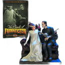 The Bride of Frankenstein assembled 1/6 scale figurine showing the bride in a white gown seated next to Frankenstein on a throne, with the product packaging box displayed in the upper left corner.