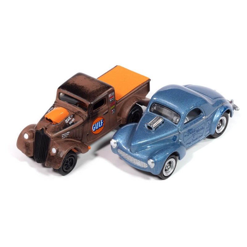 Johnny Lightning 2024 Themed 2-Packs R1A, 1941 Willys (Willys Gassers, Metallic Light Blue) &
1933 Willys Gasser Pickup GULF (Willys Gassers, Rusty Gulf Graphics)