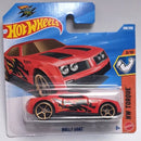 Hot Wheels Mattel HW Torque Bulley Goat die-cast toy car in its original blister card packaging, featuring a red car with black flame decals.