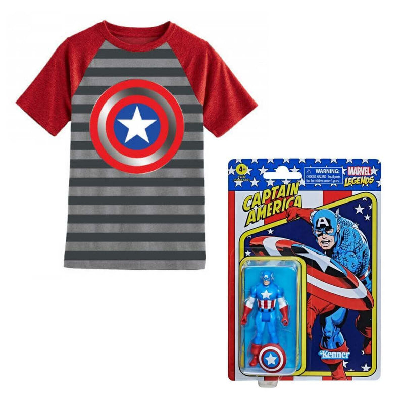 Captain America Shirt & Action Figure 2-Piece Gift Bundle Boys Youth