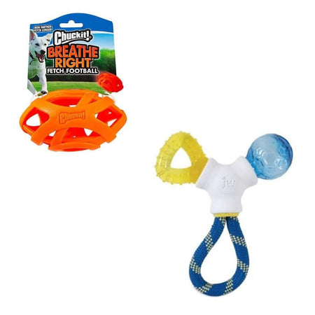Fetch and Tug 2-Piece Dog Toy Bundle - Breathe Right Football, Puppy Connects