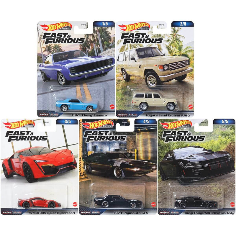 Hot Wheels Premium 2023 Fast and Furious Series (Mix 2) 1:64 Scale Diecast Cars, bundle of all 5