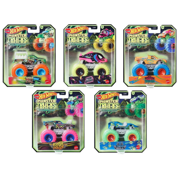 Hot Wheels 2024 Monster Trucks Glow-in-the-Dark (Mix 1) 5-Piece Collector's Bundle 1:64 Scale Trucks