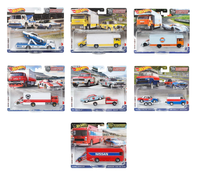 Hot Wheels Team Transport 7-Piece Gift Bundle 1:64 Scale Car & Trailer Sets