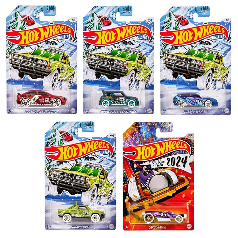 Hot Wheels Christmas 2023 Series 1:64 Scale Vehicles, showing all 5 vehicles