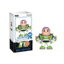 Buzz Lightyear figure with packaging featuring Pixar branding on a white background