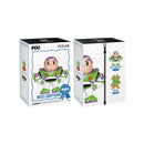 Two boxes of Buzz Lightyear figures from Pixar, one with a blue ribbon and the other with a black ribbon.