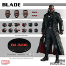 Marvel's One 12 Collective figure of Blade, shown with a full-body model on the right and detailed accessory callouts on the left, including interchangeable heads, sunglasses, gloves, hands, and a display base.