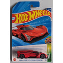 Hot Wheels Cadillac Hypercar toy car in packaging with red car and blue background