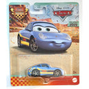 Disney Pixar Cars 2026 Sally die-cast toy car in its original blister packaging, featuring a blue car with yellow and white racing decals.