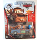 Mattel Mater scale diecast toy car in its original blister card packaging, featuring Disney Pixar Cars branding and a red warning label.