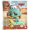 Disney Pixar Cars die-cast toy car of Mater on its original blister card packaging, featuring a mint green tow truck with orange and yellow accents.