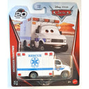 Disney Pixar Cars Morgan Martins Rescue Day die-cast metal toy car in its original blister card packaging, featuring a white ambulance with blue stripes and cartoon eyes.