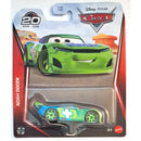 Mattel Disney Pixar Cars Noah Gocek die-cast metal toy car in its original blister card packaging, featuring a green and blue race car design.