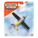 Matchbox Sky Busters Cirrus SFSO Vision Jet toy airplane in its original blister card packaging, featuring a white, gray, and yellow jet with black wings.