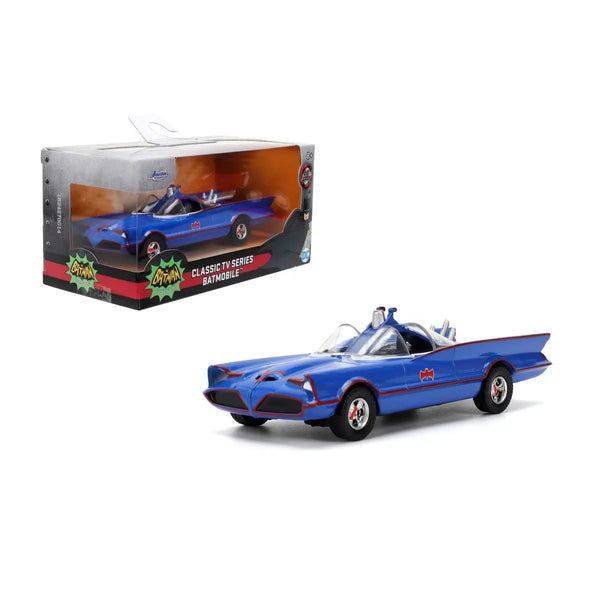Blue Batmobile model car with packaging on a white background