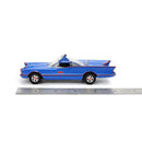 Batmobile Model car in blue and red color scheme on a white background with a ruler for scale.