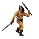 Action figure of a muscular character with a sword and spear on a white background