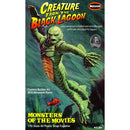 Front cover of a Moebius Models 'Creature from the Black Lagoon' plastic snap-together builder kit box, showing a green creature swimming underwater with yellow title text and a dark teal background.