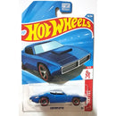 A Hot Wheels die-cast toy car in its original blister packaging, featuring a blue muscle car with red wheels. The card has the classic Hot Wheels logo and a blue background.