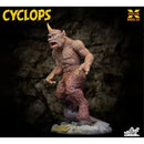 X-Plus Model Kit Cyclops monster figure, featuring a muscular, horned creature in a crouched, aggressive pose on a rocky base, set against a dark cave-like background with 'CYCLOPS' text and X-PLUS branding.
