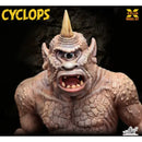 X-Plus Model Kit Cyclops monster figure, featuring a detailed sculpted body with textured skin, a single large eye, a prominent horn, and an open mouth showing sharp teeth, set against a dark background with product branding.